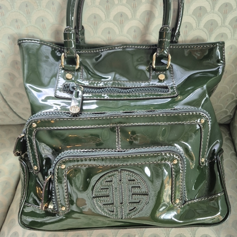 Y2k ANTONIO MELANI Patent Leather Shiny Green Patent Leather Tote Bag - Picture 1 of 14